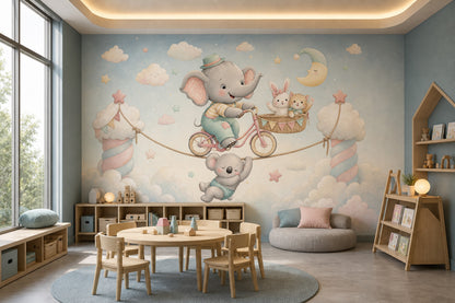 Fil ve Bulutlu Poster Duvar Kağıdı Pastel Bebek Odası