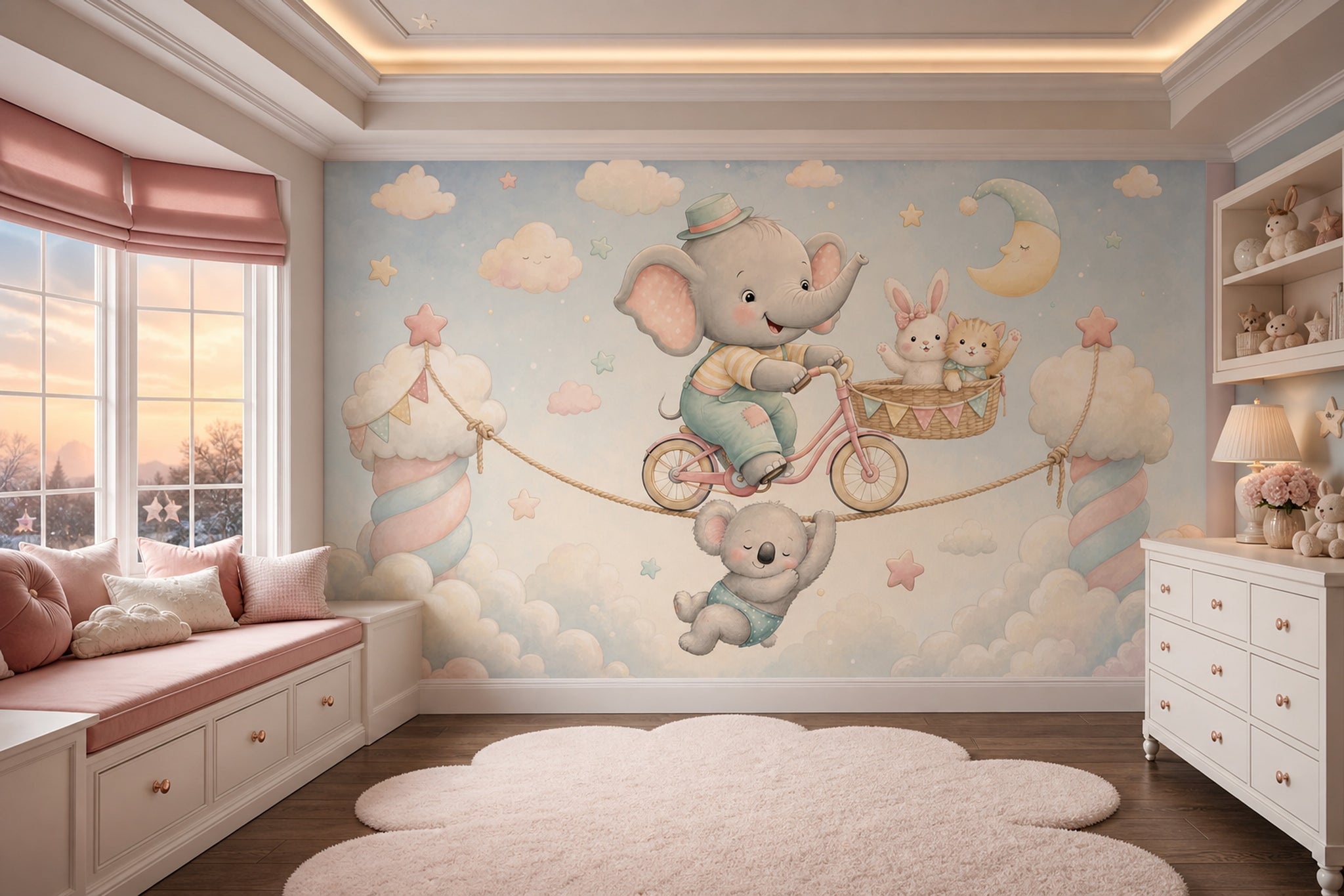 Fil ve Bulutlu Poster Duvar Kağıdı Pastel Bebek Odası