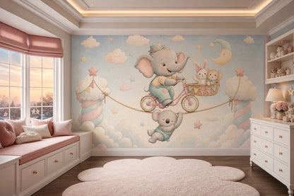 Fil ve Bulutlu Poster Duvar Kağıdı Pastel Bebek Odası
