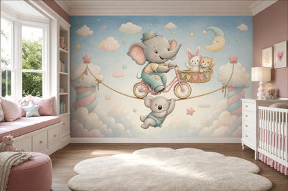 Fil ve Bulutlu Poster Duvar Kağıdı Pastel Bebek Odası