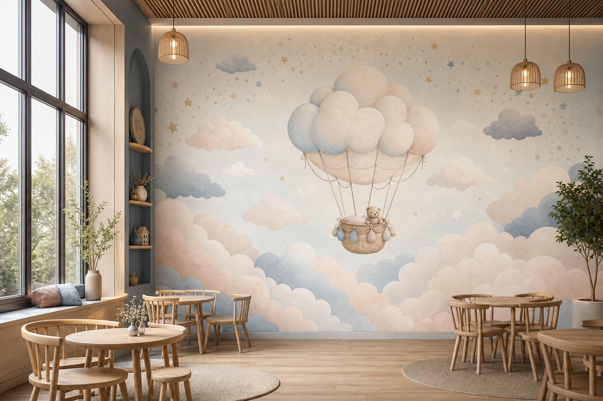 Balon Bulutlu Poster Duvar Kağıdı Pastel Çocuk Odası Desenli