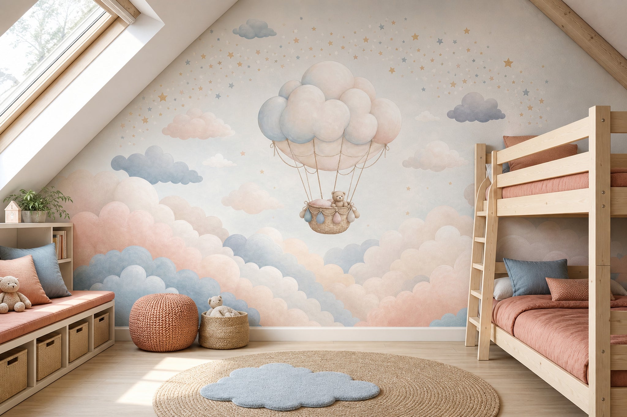 Balon Bulutlu Poster Duvar Kağıdı Pastel Çocuk Odası Desenli