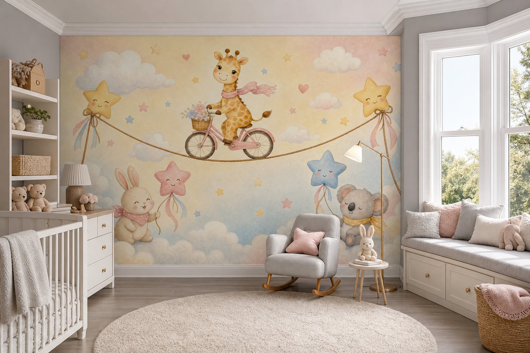Bulutlar Üstünde Hayvanlı Poster Duvar Kağıdı Pastel Çocuk Odası
