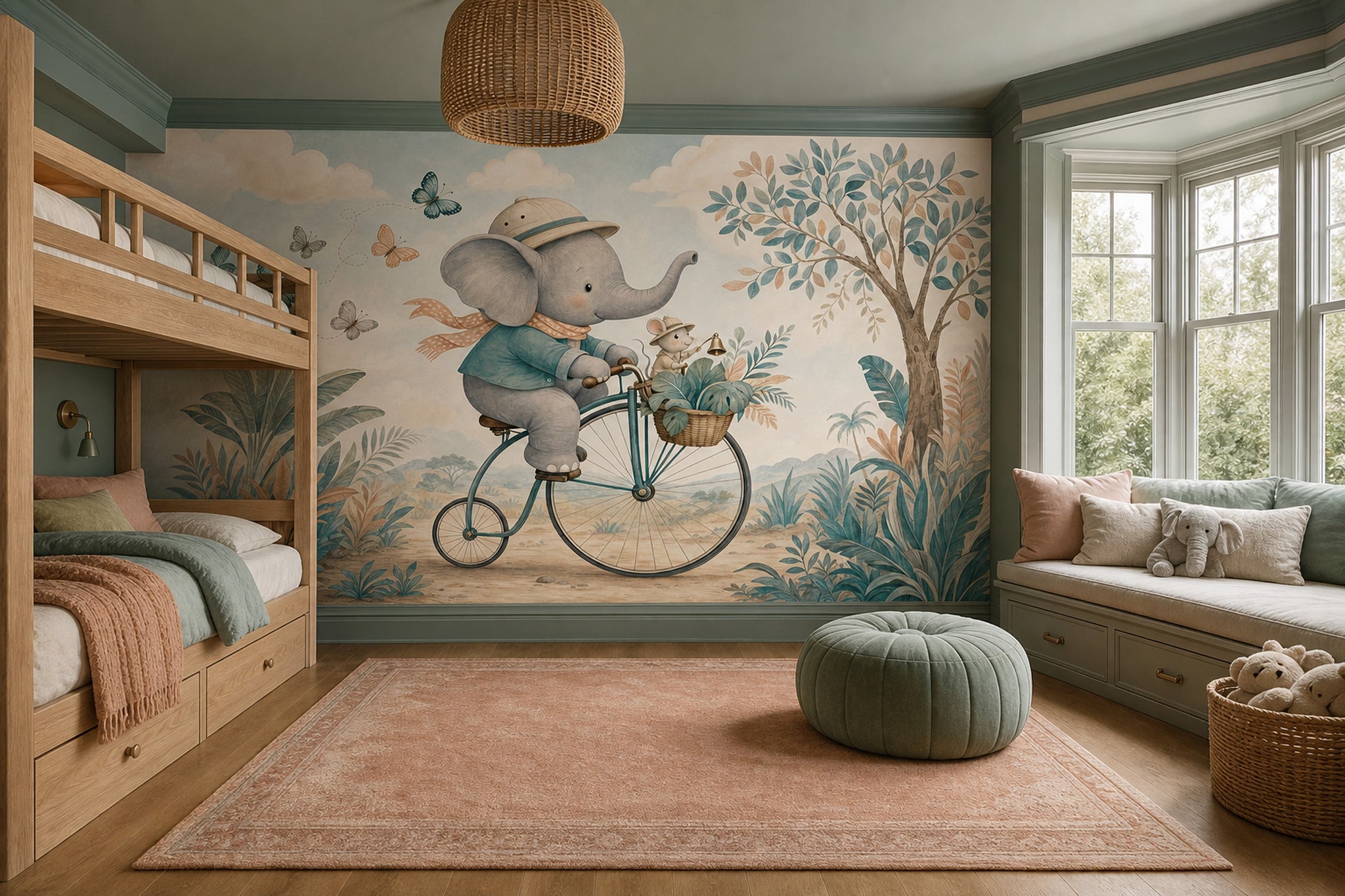 Bisikletli Fil Poster Duvar Kağıdı Pastel Çocuk Odası Desenli