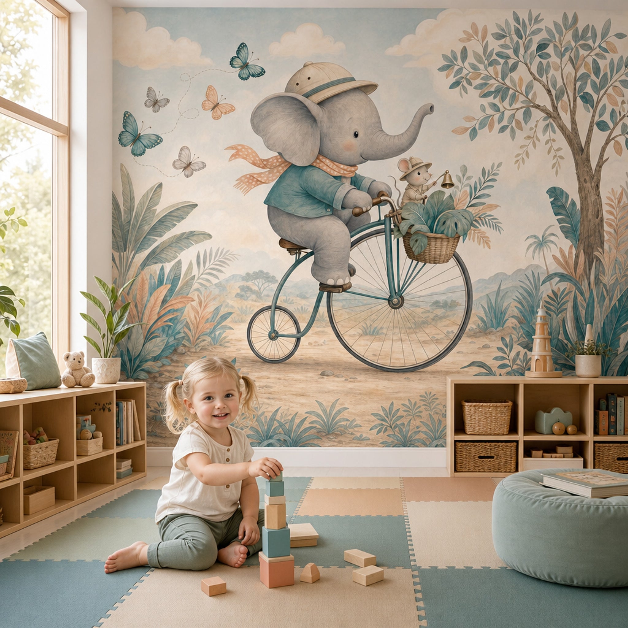 Bisikletli Fil Poster Duvar Kağıdı Pastel Çocuk Odası Desenli