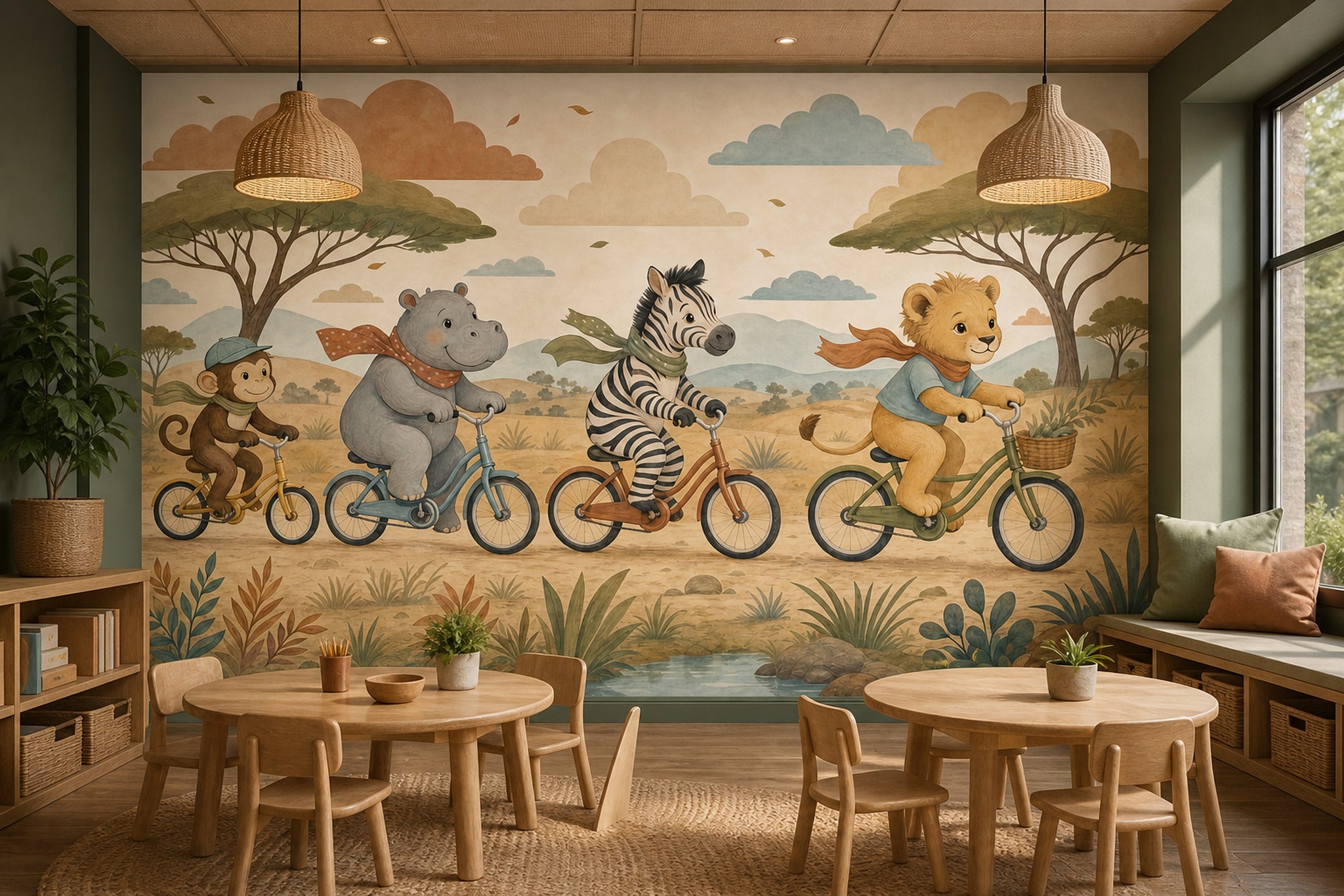 Bisikletli Safari Hayvanları Poster Duvar Kağıdı Çocuk Odası