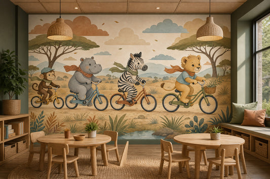 Bisikletli Safari Hayvanları Poster Duvar Kağıdı Çocuk Odası