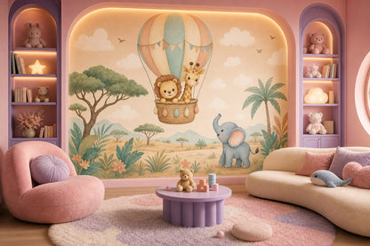 Balonlu Safari Hayvanları Poster Duvar Kağıdı Pastel Çocuk Odası