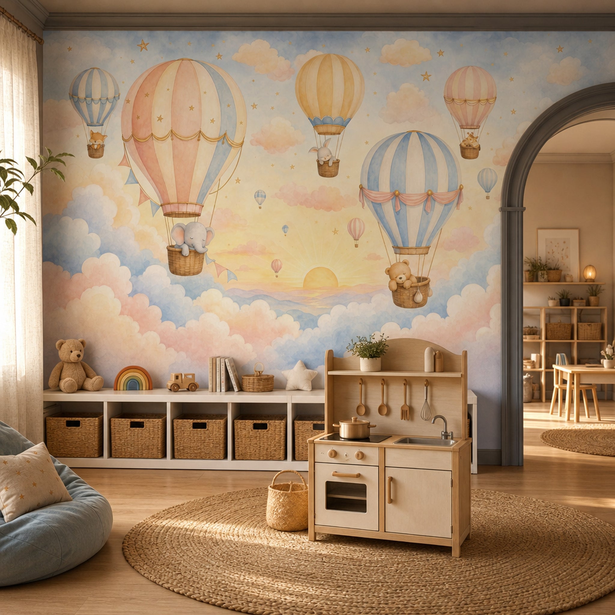 Balonlu Hayvanlı Poster Duvar Kağıdı Pastel Bulutlu Çocuk Odası