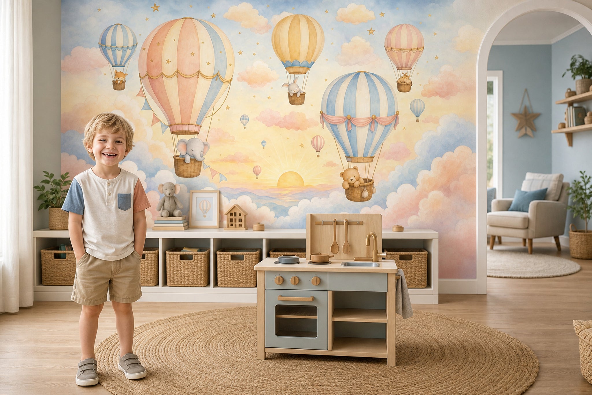 Balonlu Hayvanlı Poster Duvar Kağıdı Pastel Bulutlu Çocuk Odası