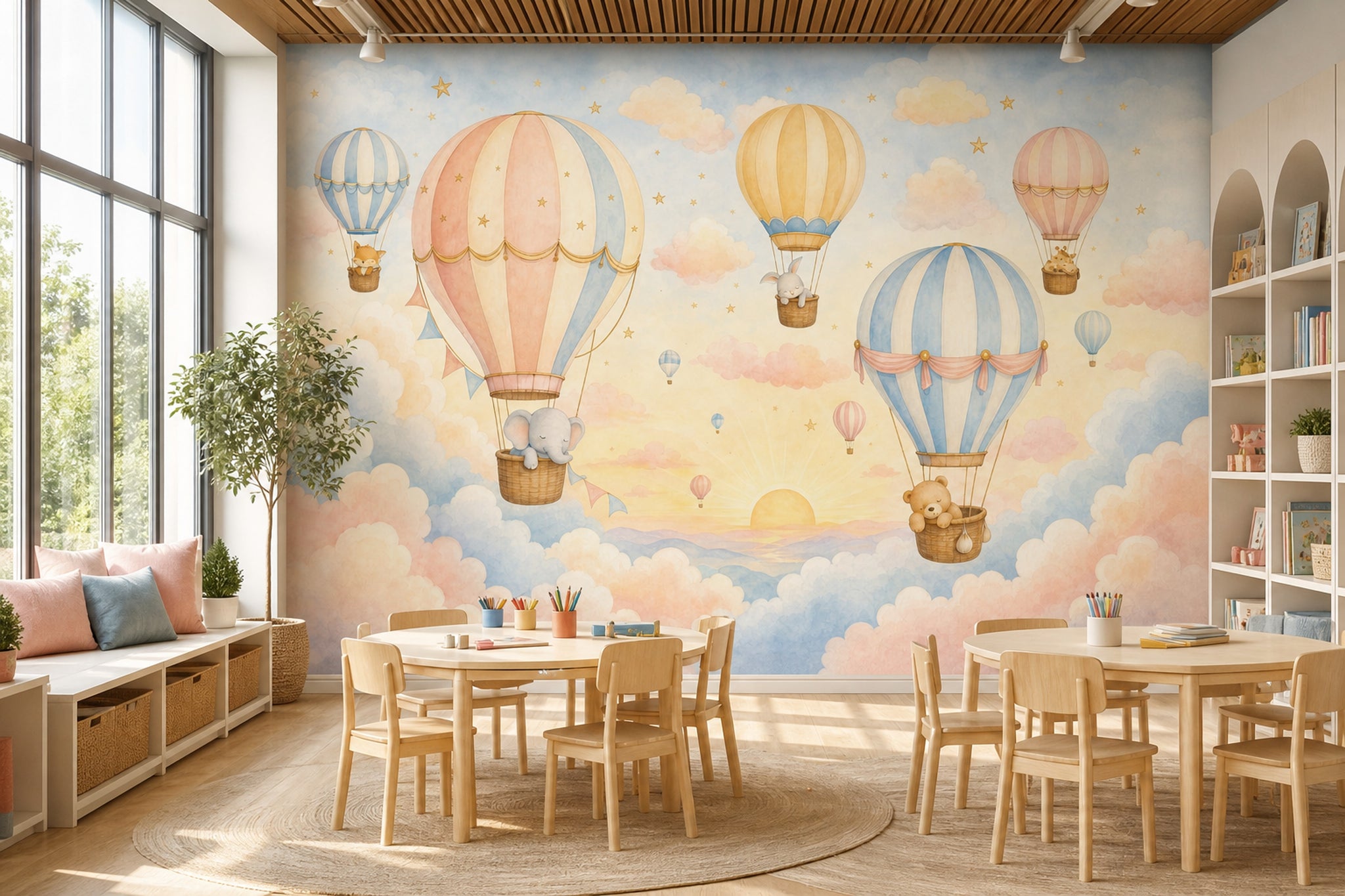 Balonlu Hayvanlı Poster Duvar Kağıdı Pastel Bulutlu Çocuk Odası