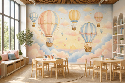 Balonlu Hayvanlı Poster Duvar Kağıdı Pastel Bulutlu Çocuk Odası