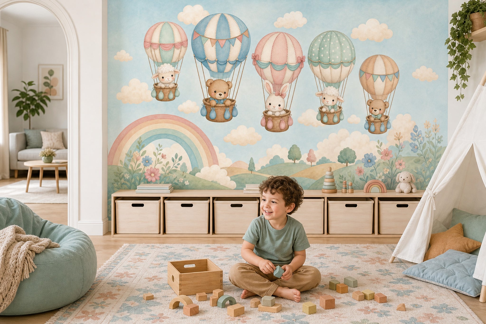Balonlu Sevimli Hayvanlar Poster Duvar Kağıdı Pastel Çocuk Odası