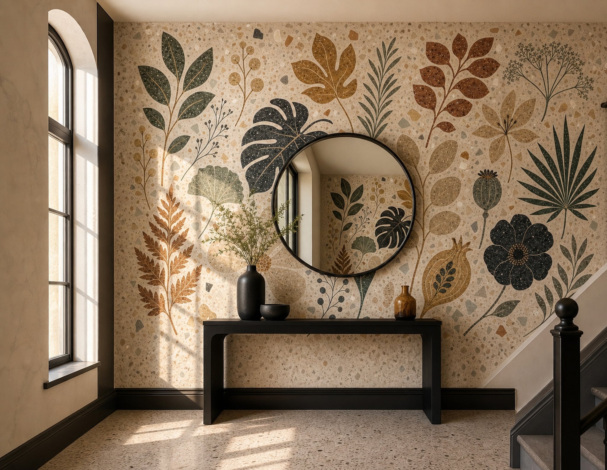 Terrazzo Botanik Poster Duvar Kağıdı Bej Yeşil Yaprak Desenli