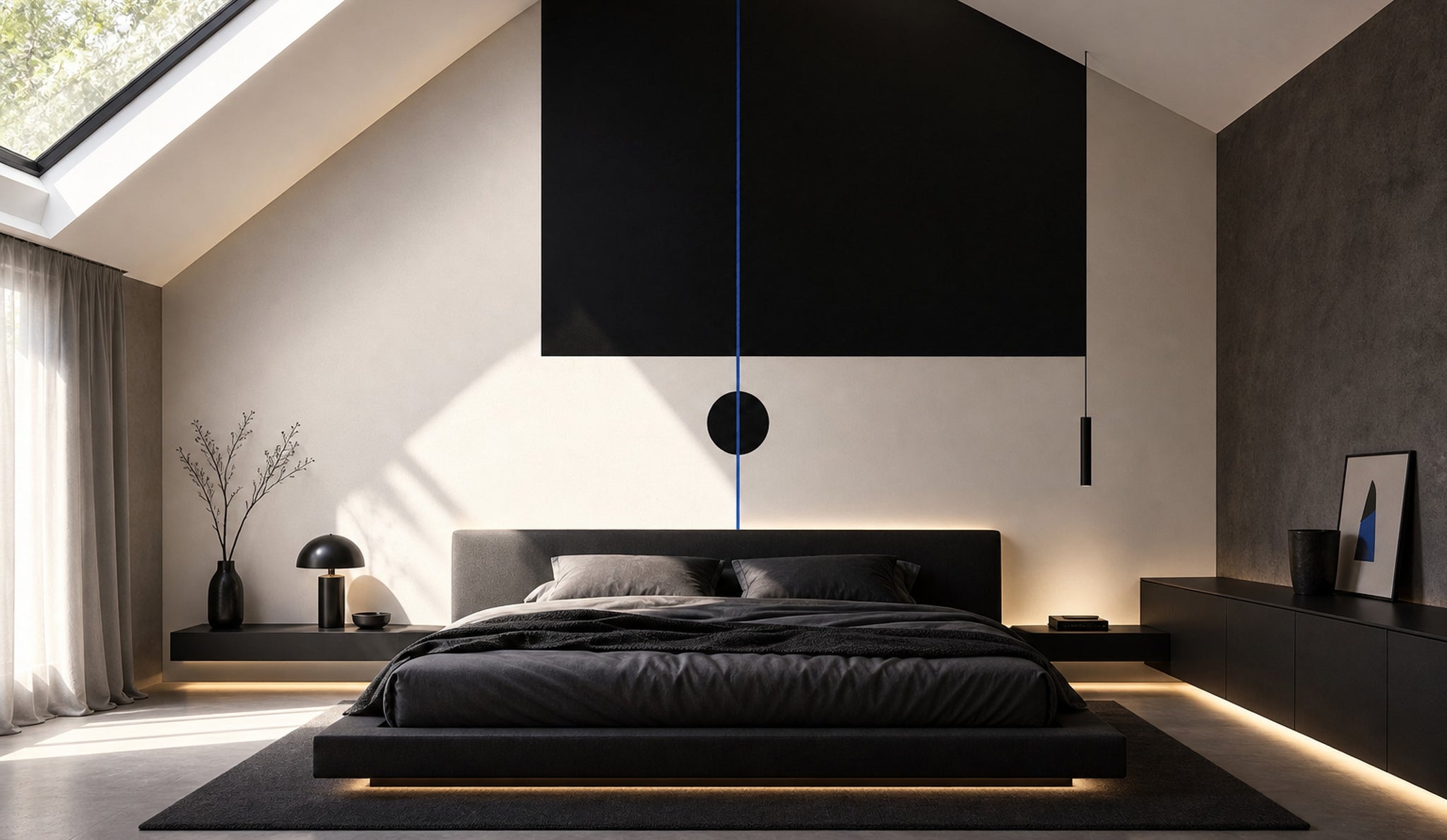 Soyut Siyah Poster Duvar Kağıdı Mavi Çizgili Minimal Salon