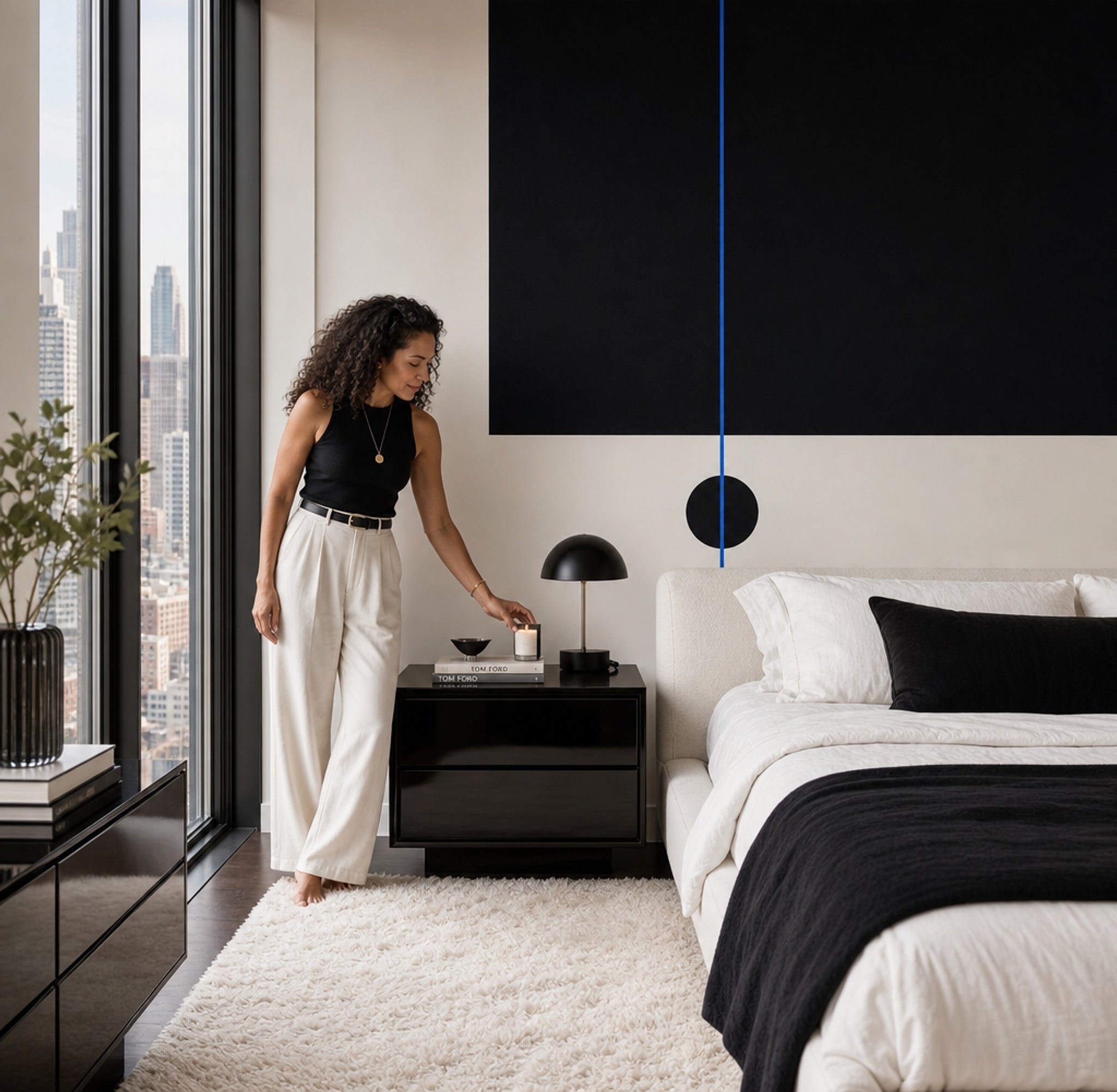 Soyut Siyah Poster Duvar Kağıdı Mavi Çizgili Minimal Salon