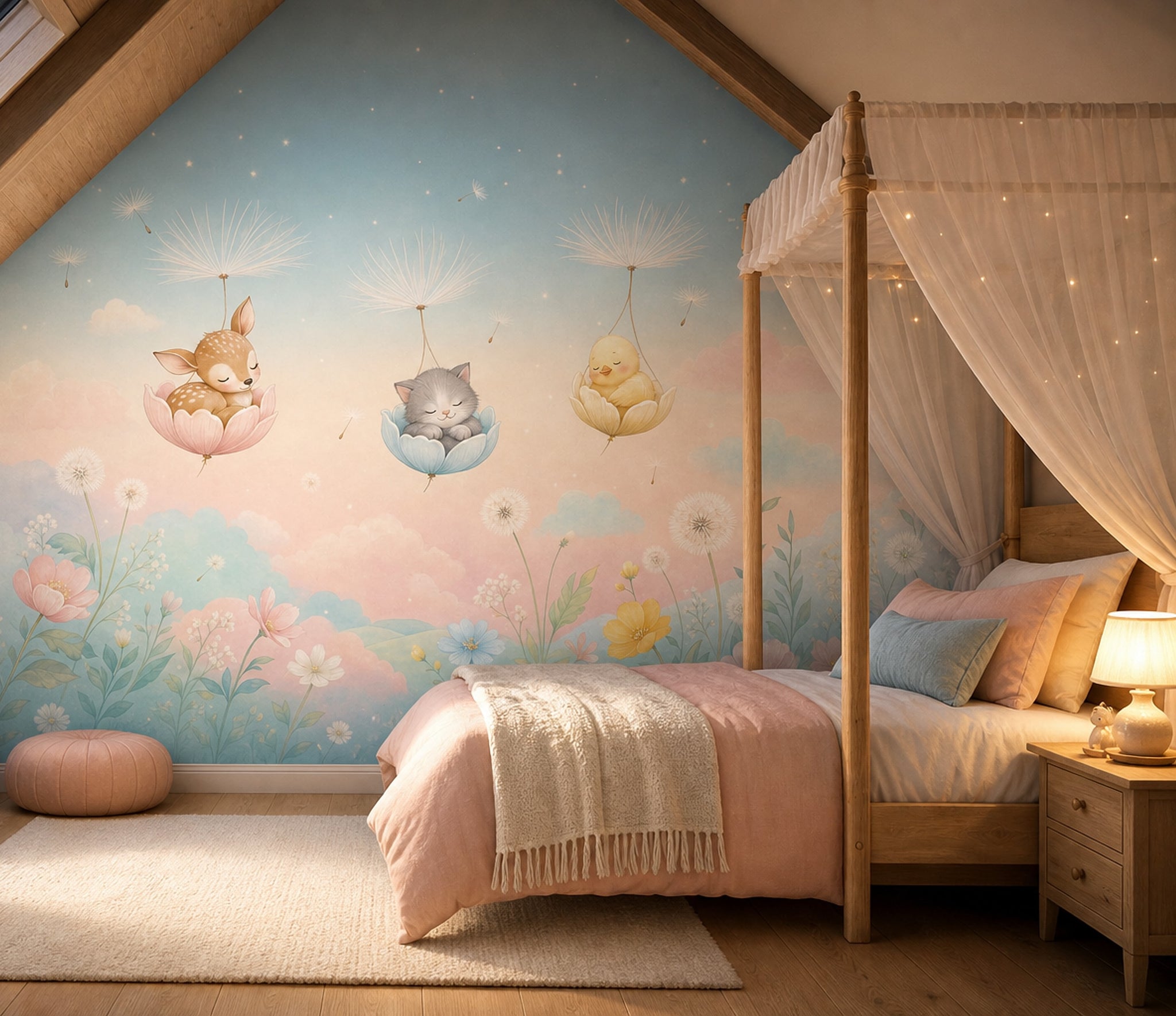 Pastel Uçan Hayvanlı Poster Duvar Kağıdı Bebek Odası Bulutlu