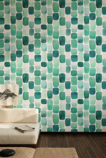 Yeşil Kare Geometrik Duvar Kağıdı Modern Salon Deseni