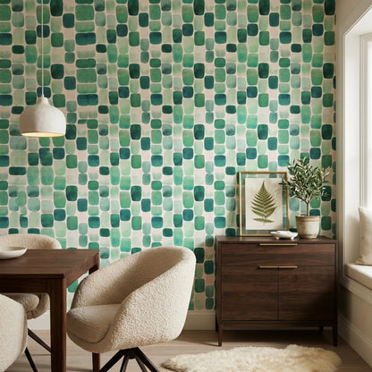Yeşil Kare Geometrik Duvar Kağıdı Modern Salon Deseni