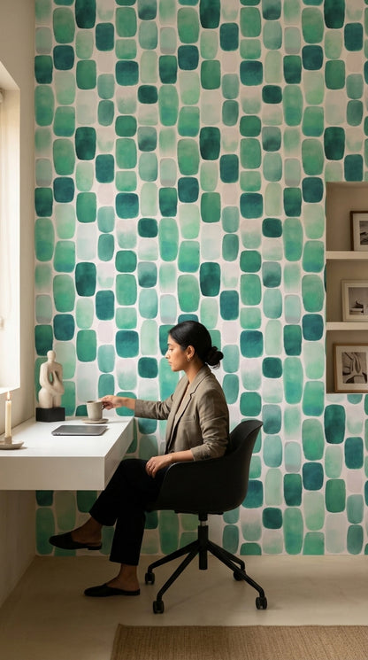 Yeşil Kare Geometrik Duvar Kağıdı Modern Salon Deseni