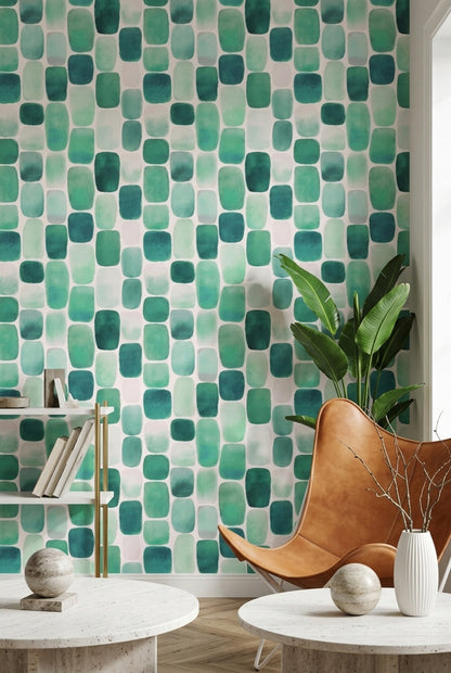 Yeşil Kare Geometrik Duvar Kağıdı Modern Salon Deseni