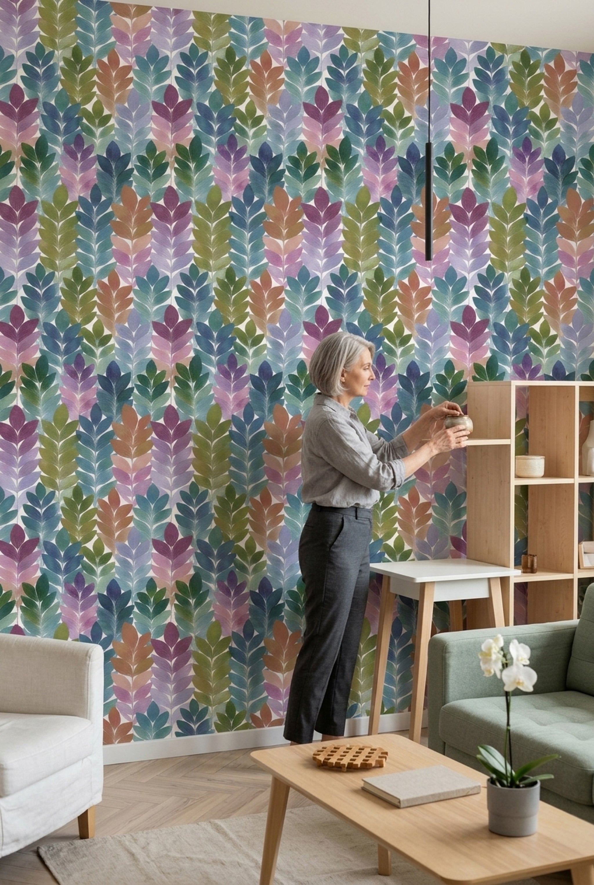 Renkli Yaprak Desenli Duvar Kağıdı Modern Salon Dekoru