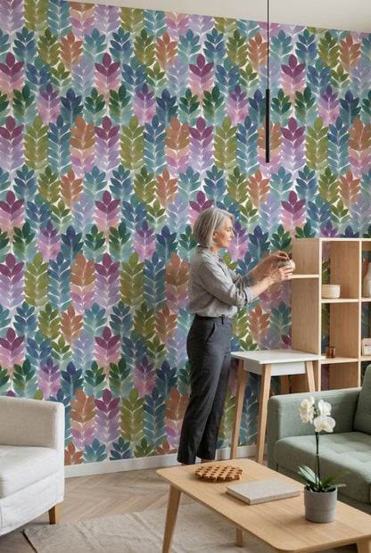 Renkli Yaprak Desenli Duvar Kağıdı Modern Salon Dekoru