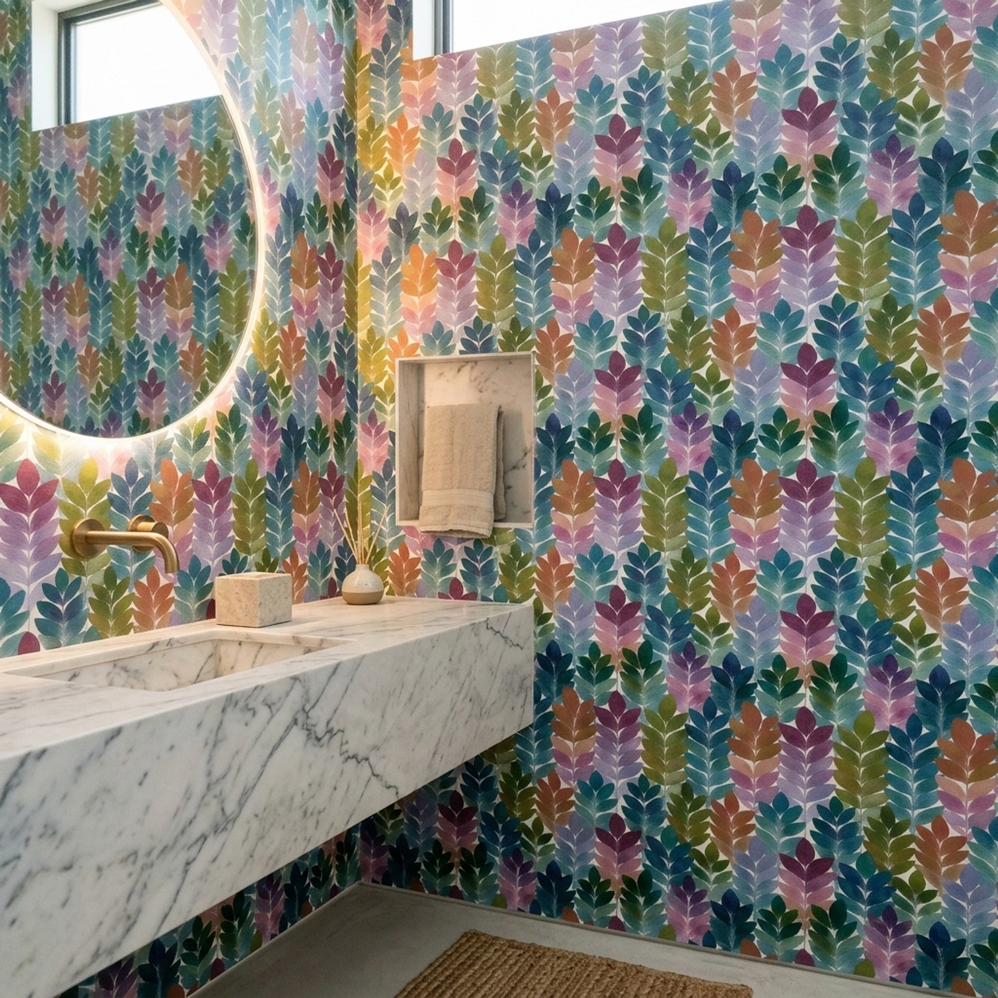 Renkli Yaprak Desenli Duvar Kağıdı Modern Salon Dekoru