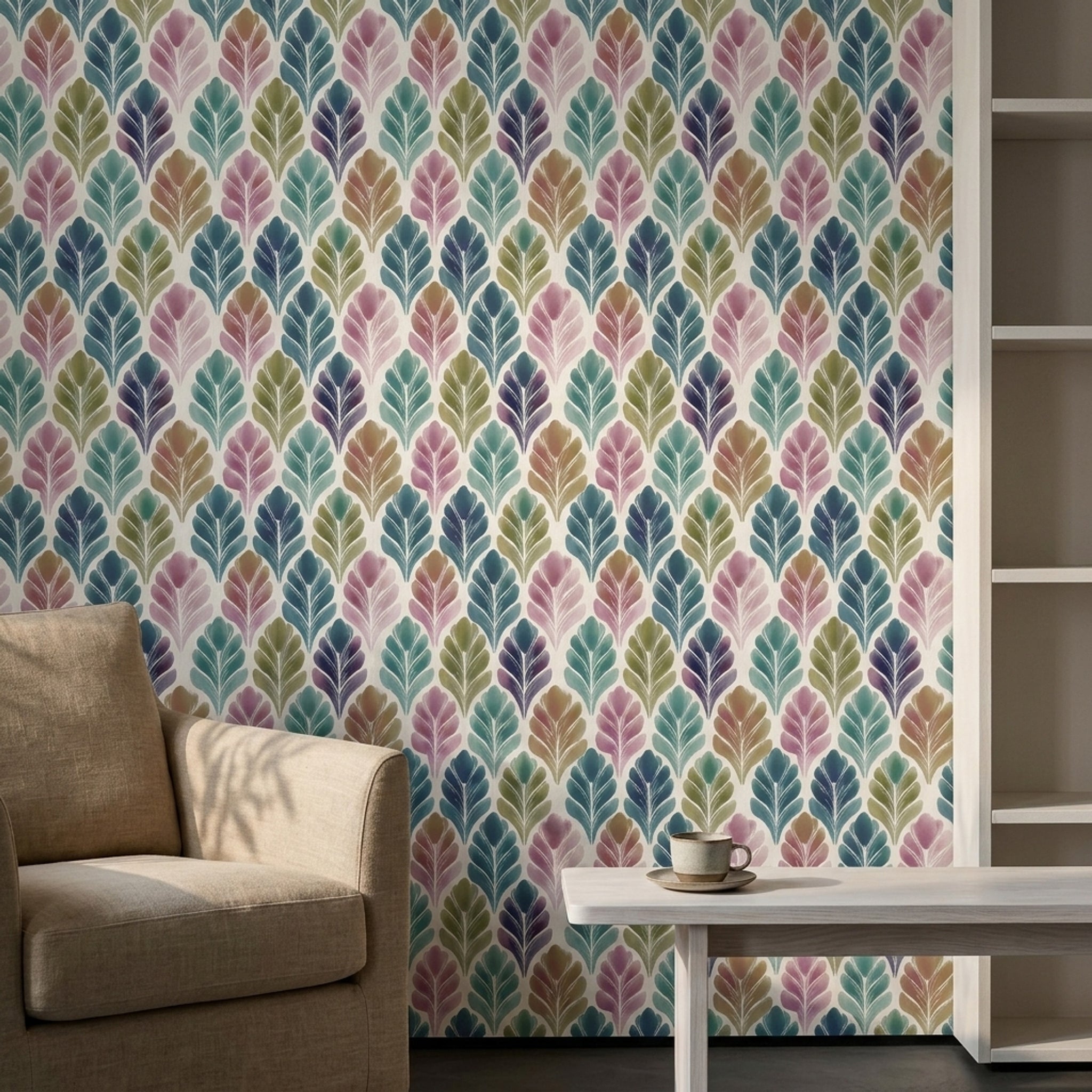 Renkli Yaprak Desenli Duvar Kağıdı Modern Salon Dekoru