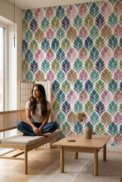 Renkli Yaprak Desenli Duvar Kağıdı Modern Salon Dekoru