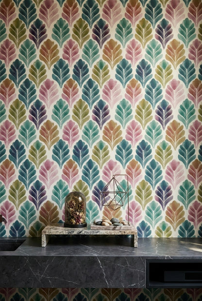Renkli Yaprak Desenli Duvar Kağıdı Modern Salon Dekoru