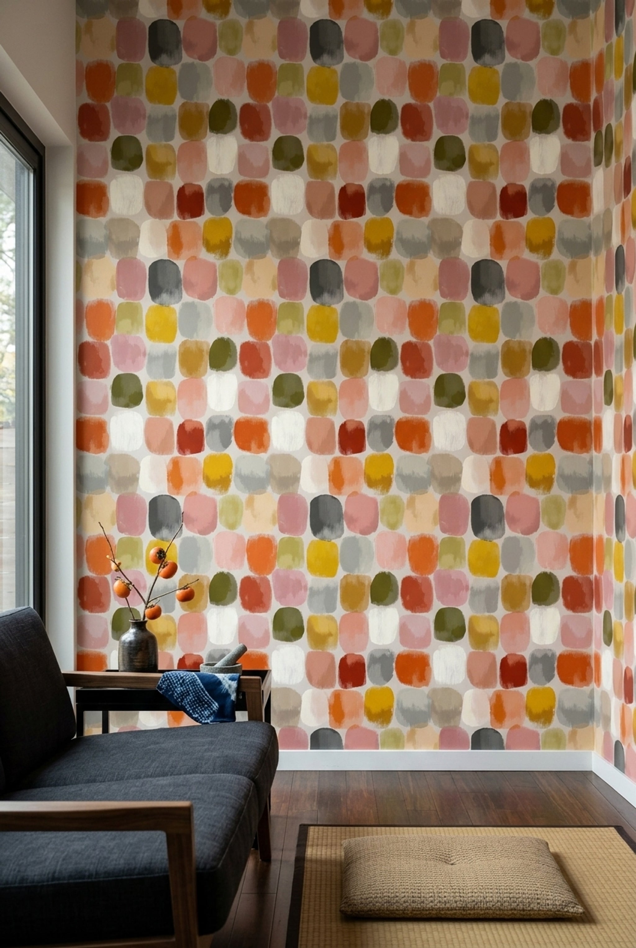 Renkli Kare Desenli Duvar Kağıdı Modern Salon Dekoru