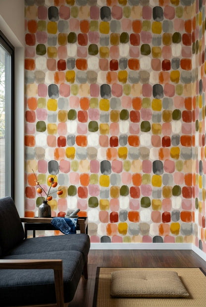 Renkli Kare Desenli Duvar Kağıdı Modern Salon Dekoru