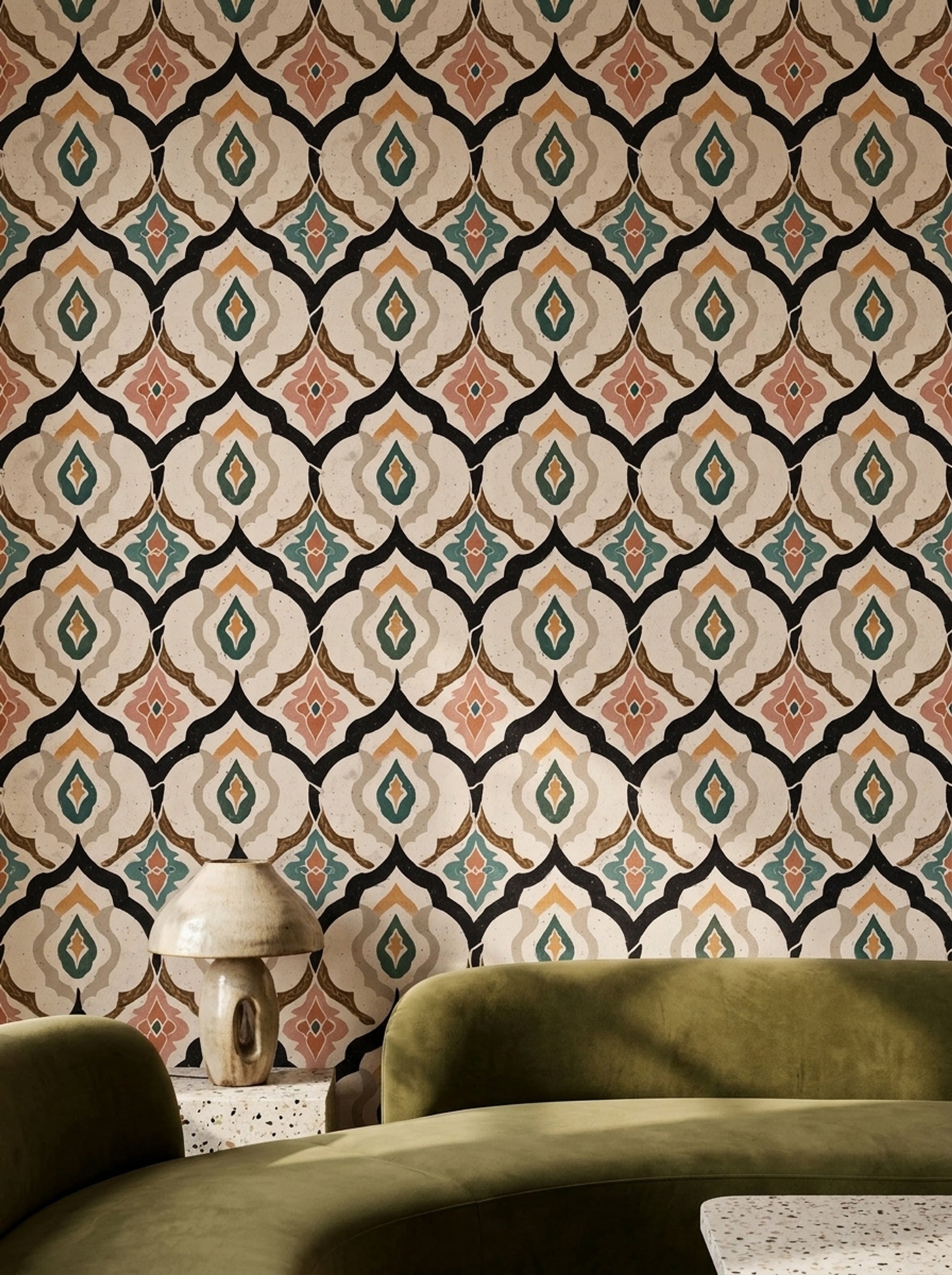 Geometrik Çini Desenli Duvar Kağıdı Bej Yeşil Salon