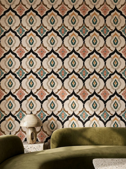 Geometrik Çini Desenli Duvar Kağıdı Bej Yeşil Salon