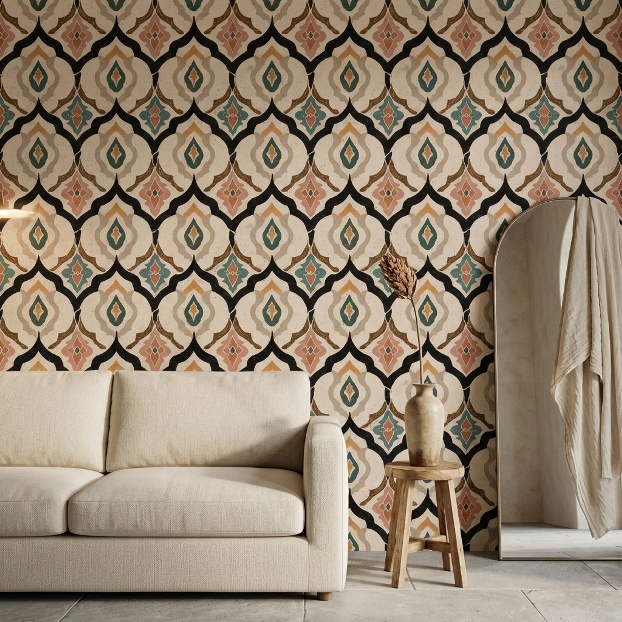 Geometrik Çini Desenli Duvar Kağıdı Bej Yeşil Salon