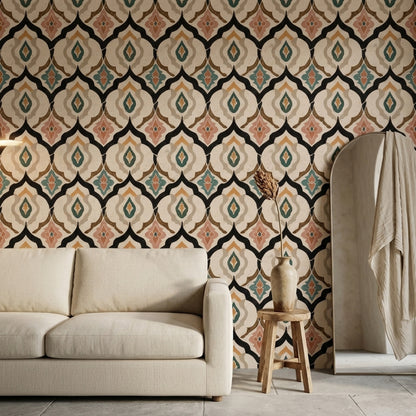 Geometrik Çini Desenli Duvar Kağıdı Bej Yeşil Salon