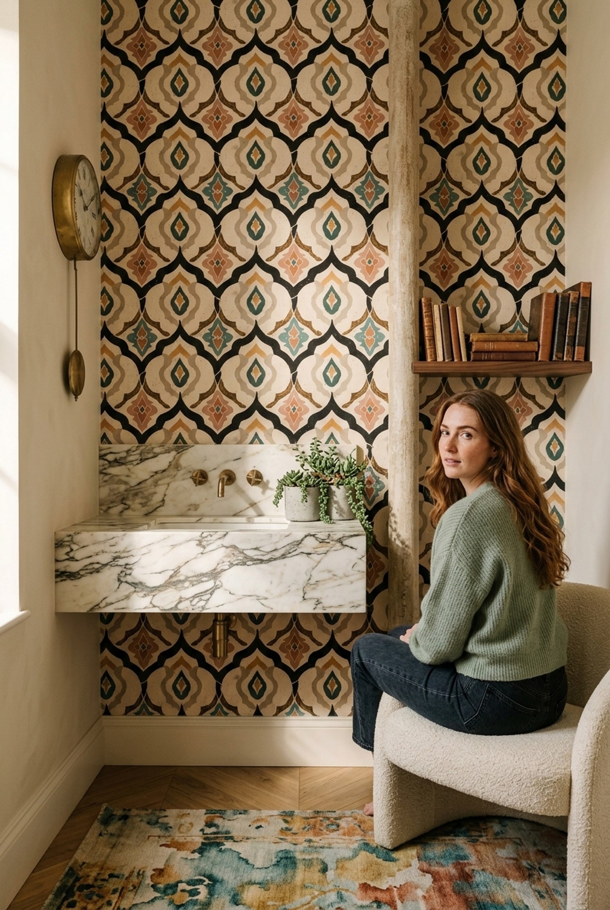 Geometrik Çini Desenli Duvar Kağıdı Bej Yeşil Salon