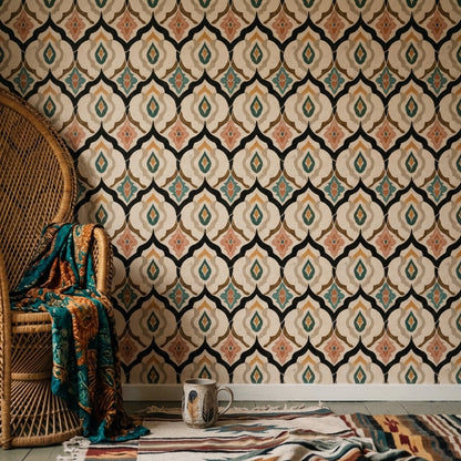 Geometrik Çini Desenli Duvar Kağıdı Bej Yeşil Salon