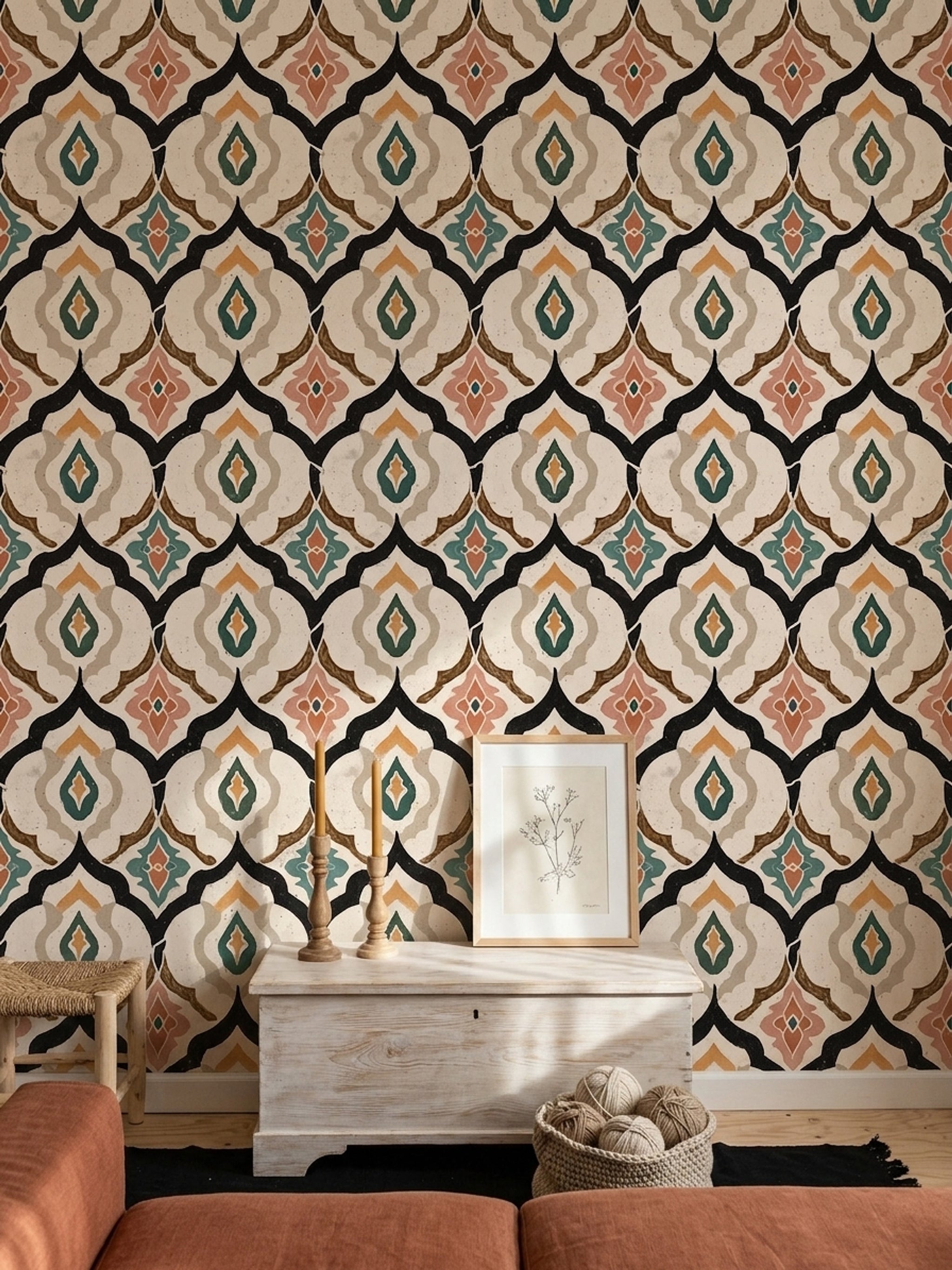 Geometrik Çini Desenli Duvar Kağıdı Bej Yeşil Salon