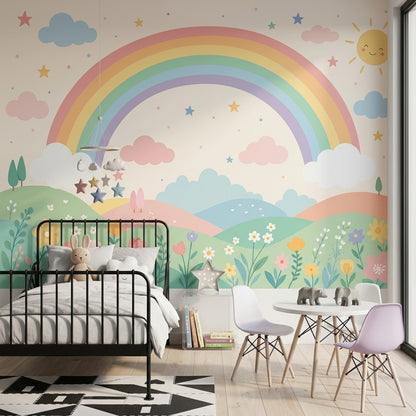 Gökkuşaklı Poster Duvar Kağıdı Pastel Bulutlu Çocuk Odası