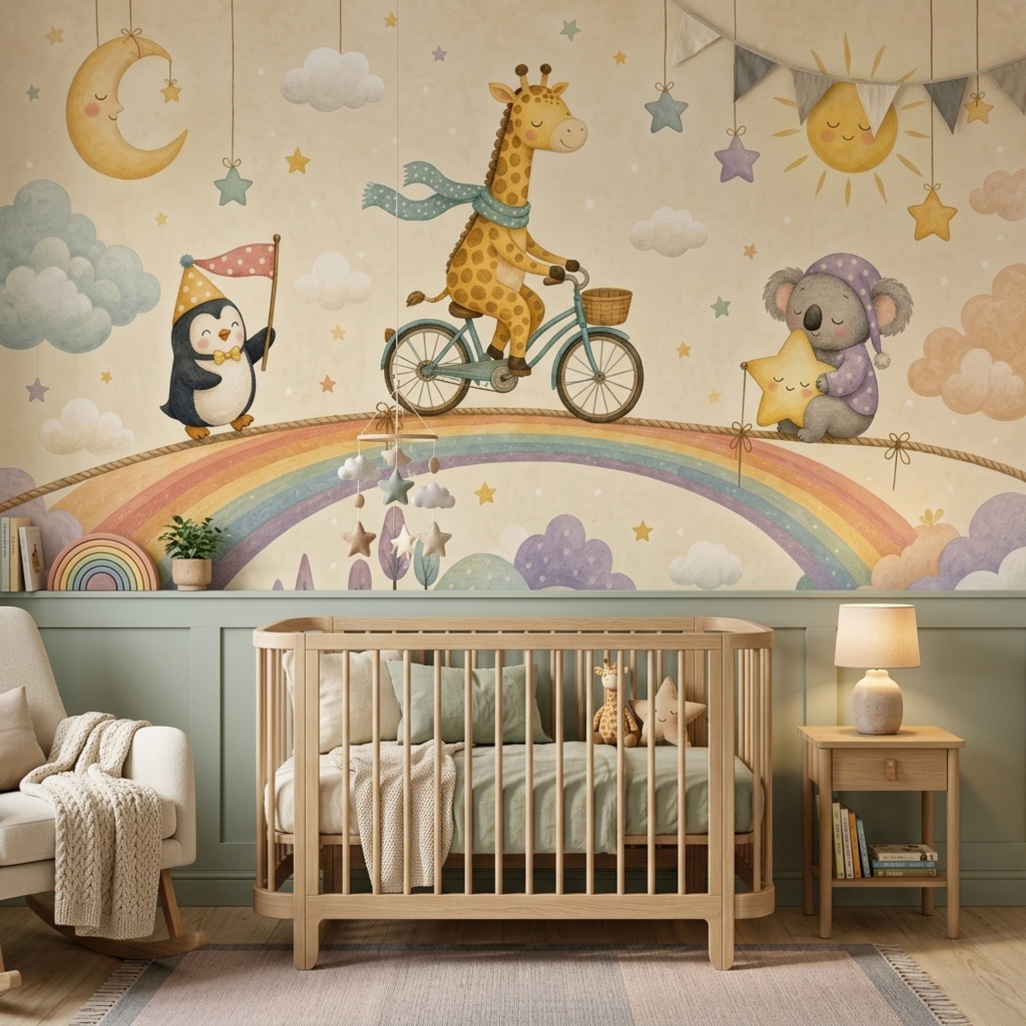 Sevimli Hayvanlı Poster Duvar Kağıdı Pastel Gökkuşaklı Bebek Odası