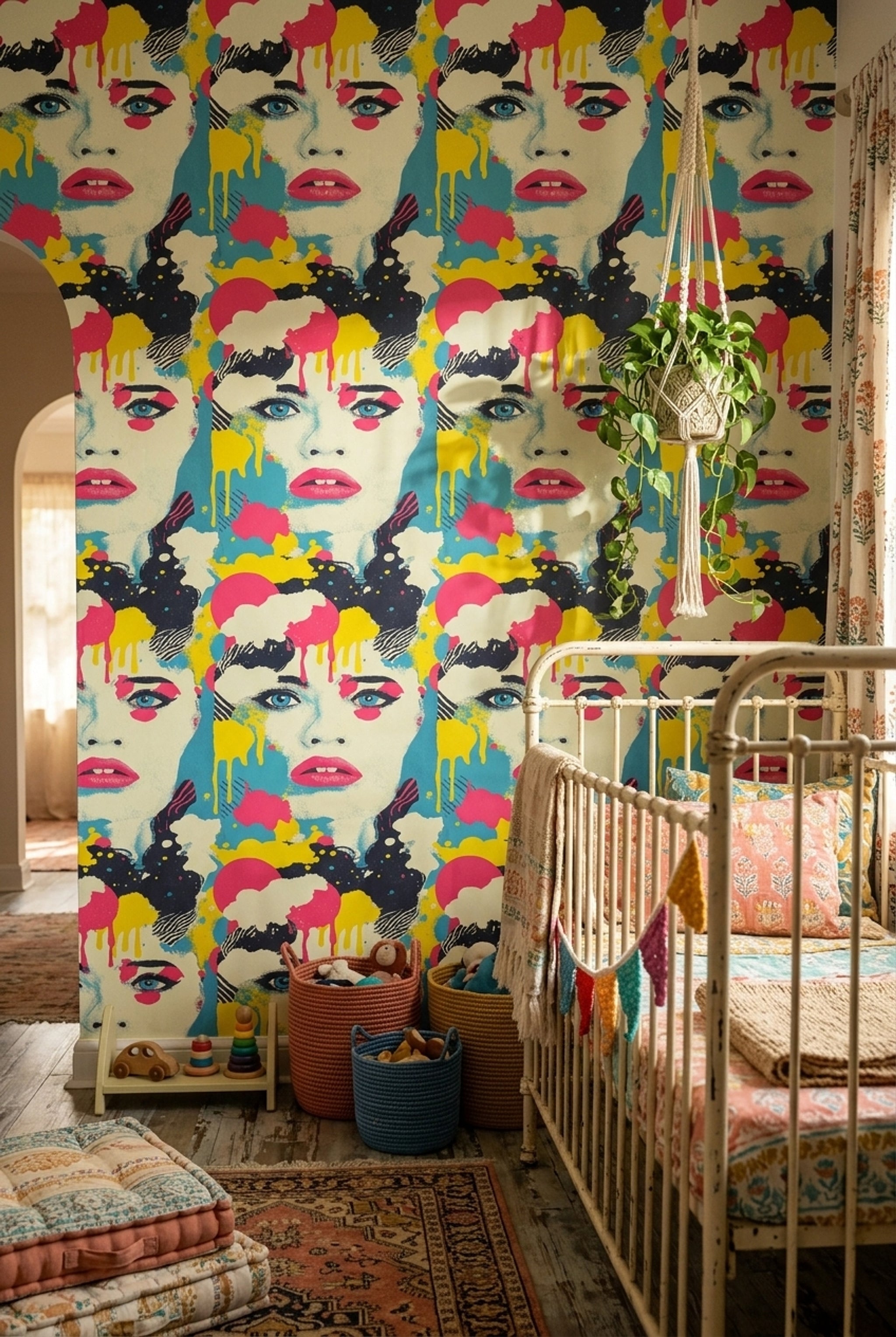 Pop Art Kadın Yüz Desenli Duvar Kağıdı Renkli Salon