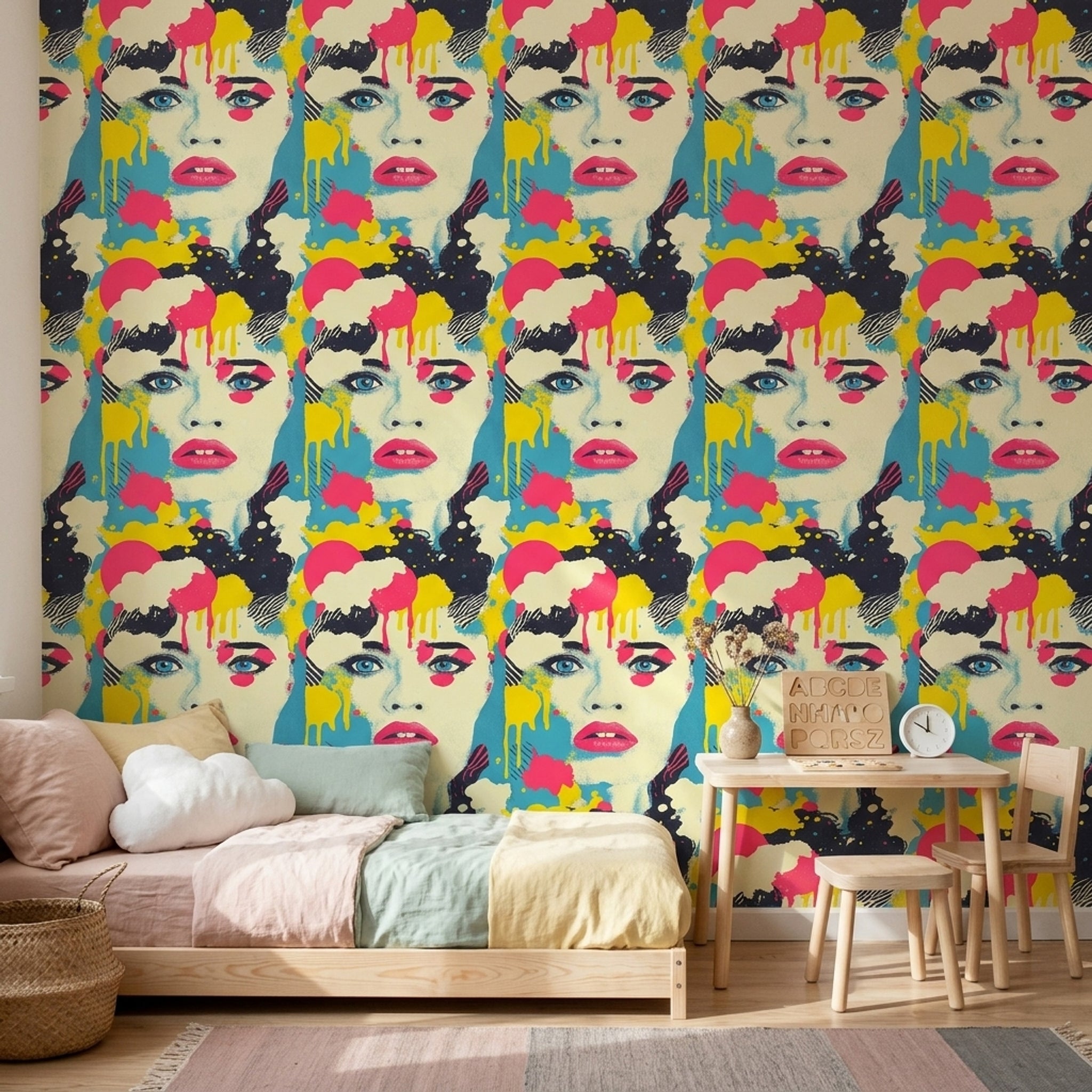 Pop Art Kadın Yüz Desenli Duvar Kağıdı Renkli Salon
