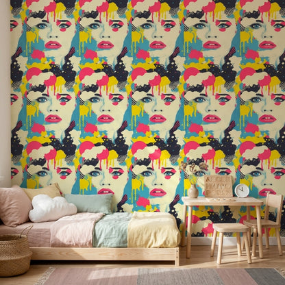 Pop Art Kadın Yüz Desenli Duvar Kağıdı Renkli Salon