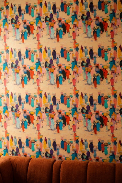 Renkli İnsan Kalabalığı Desenli Duvar Kağıdı Sanatsal Salon