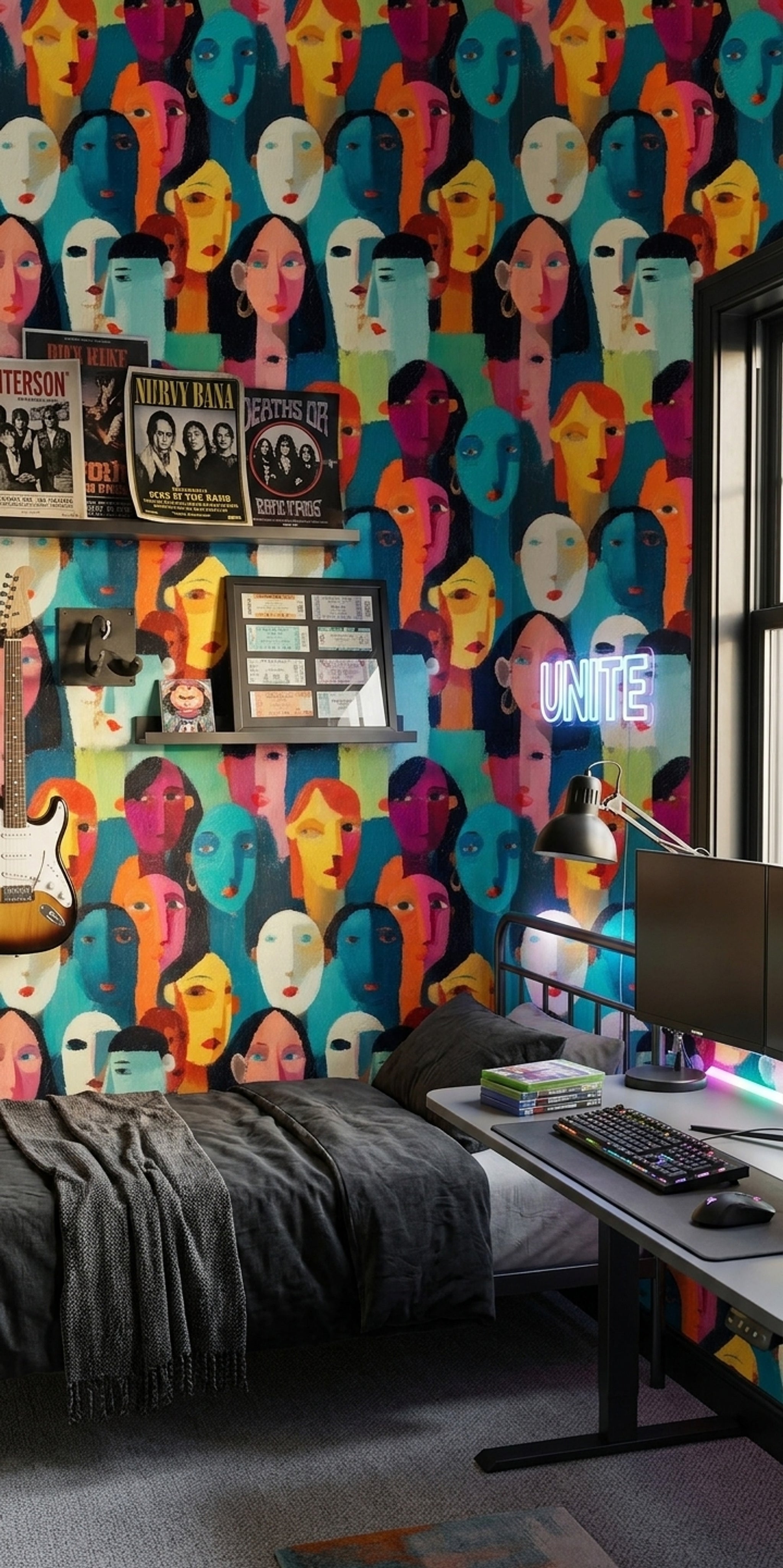 Renkli Yüz Figürlü Duvar Kağıdı Modern Sanat Desenli