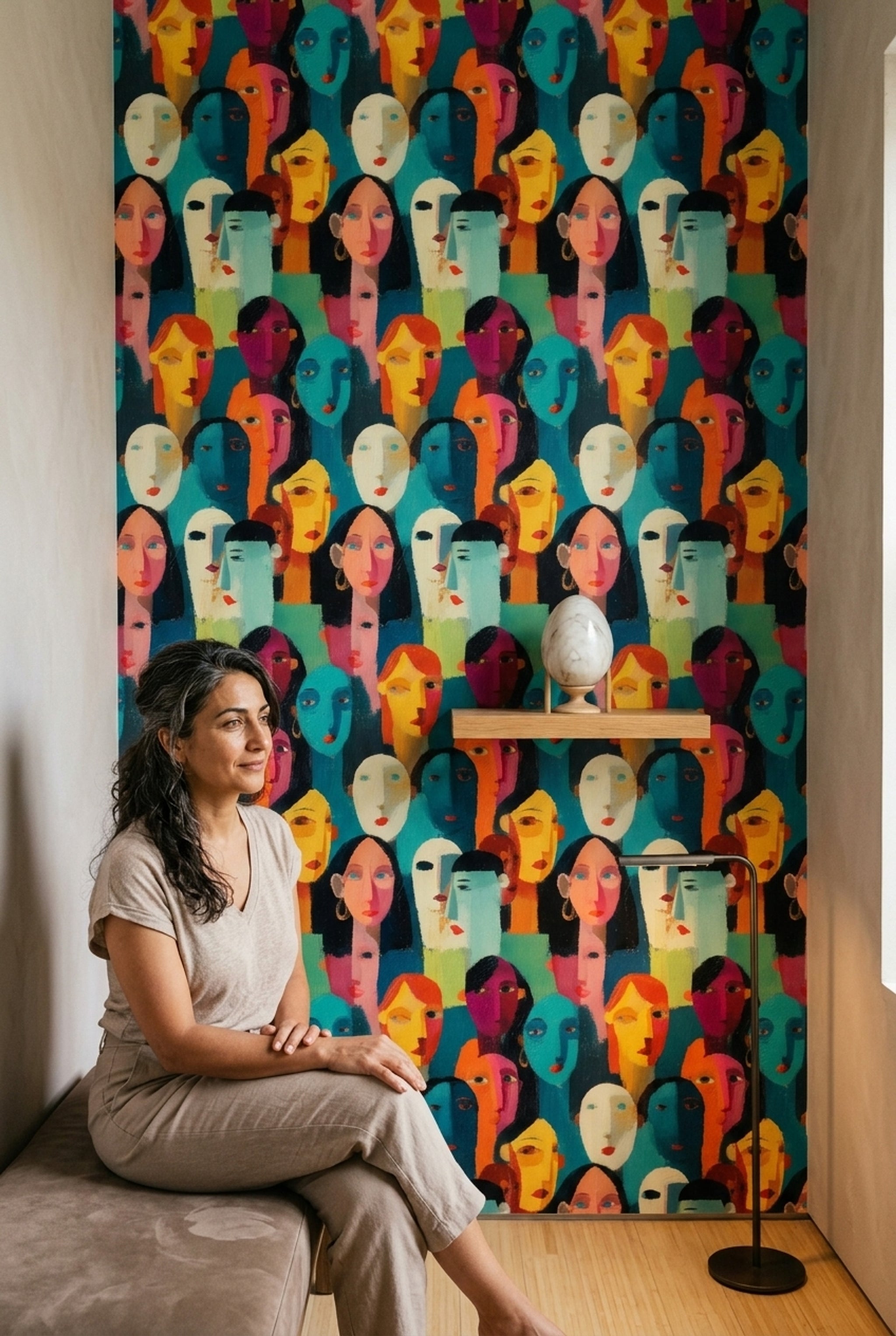 Renkli Yüz Figürlü Duvar Kağıdı Modern Sanat Desenli