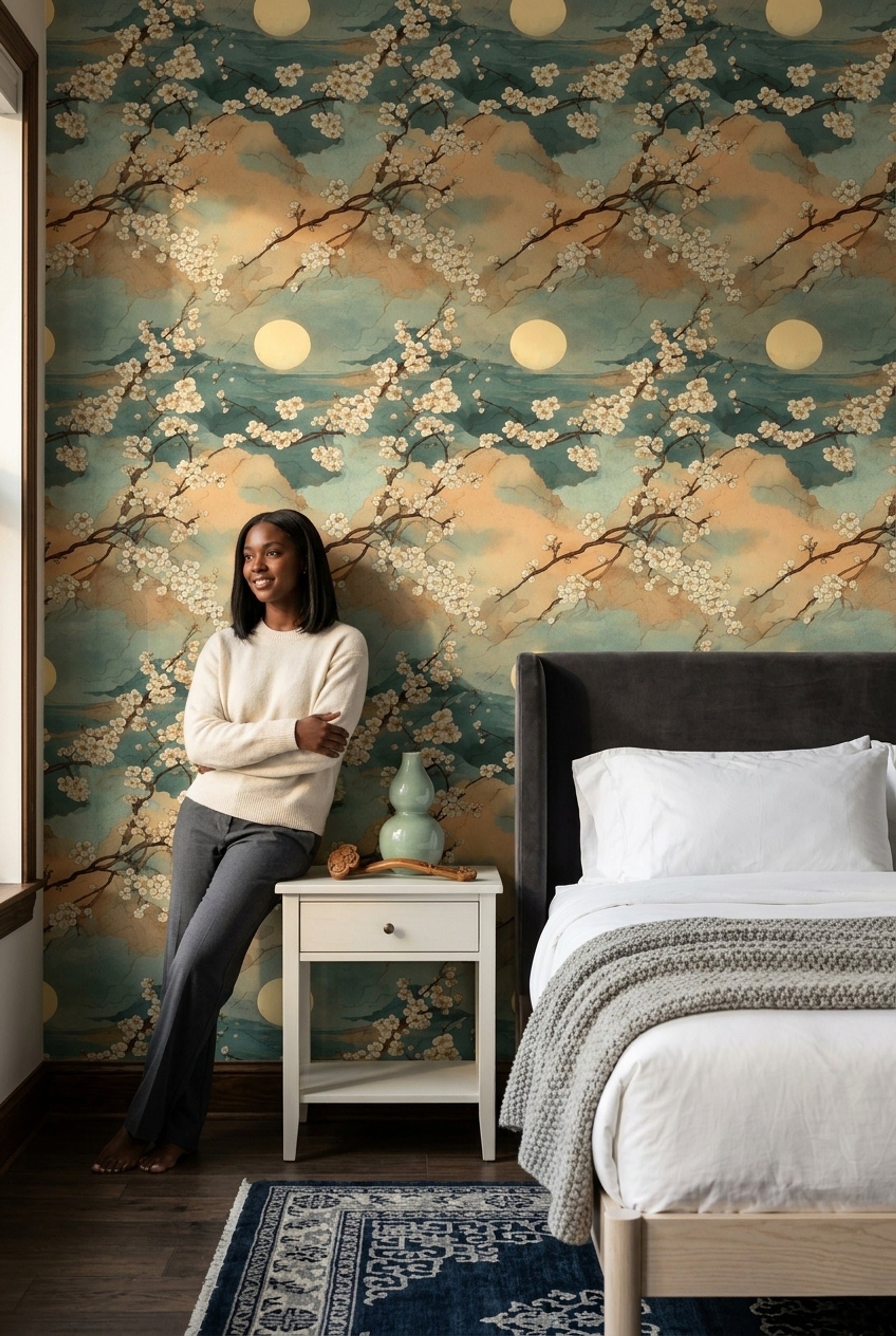 Japon Kiraz Çiçekli Duvar Kağıdı Turkuaz Bulut Desenli Salon