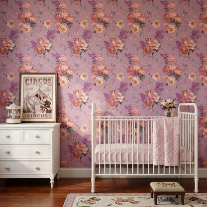 Romantik Çiçek Desenli Duvar Kağıdı Lila Zemin Salon